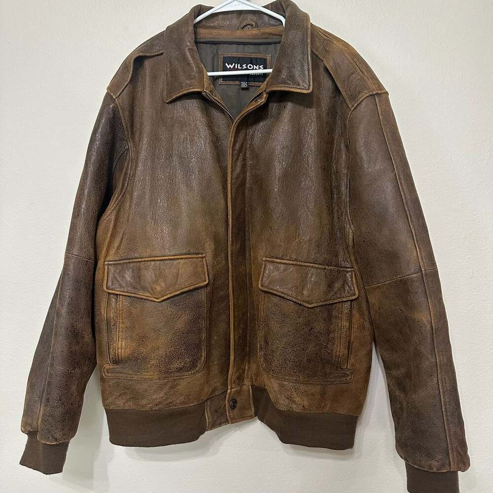 Wilsons Leather Vintage Brown Distressed Leather Bomber Jacket 2XLT